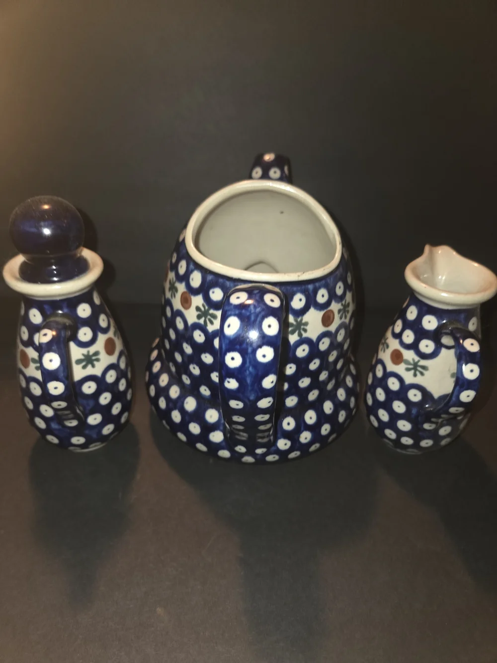 Polish Pottery Watering Can, Oil & Vinegar Set Boleslawiec Mosquito Pattern